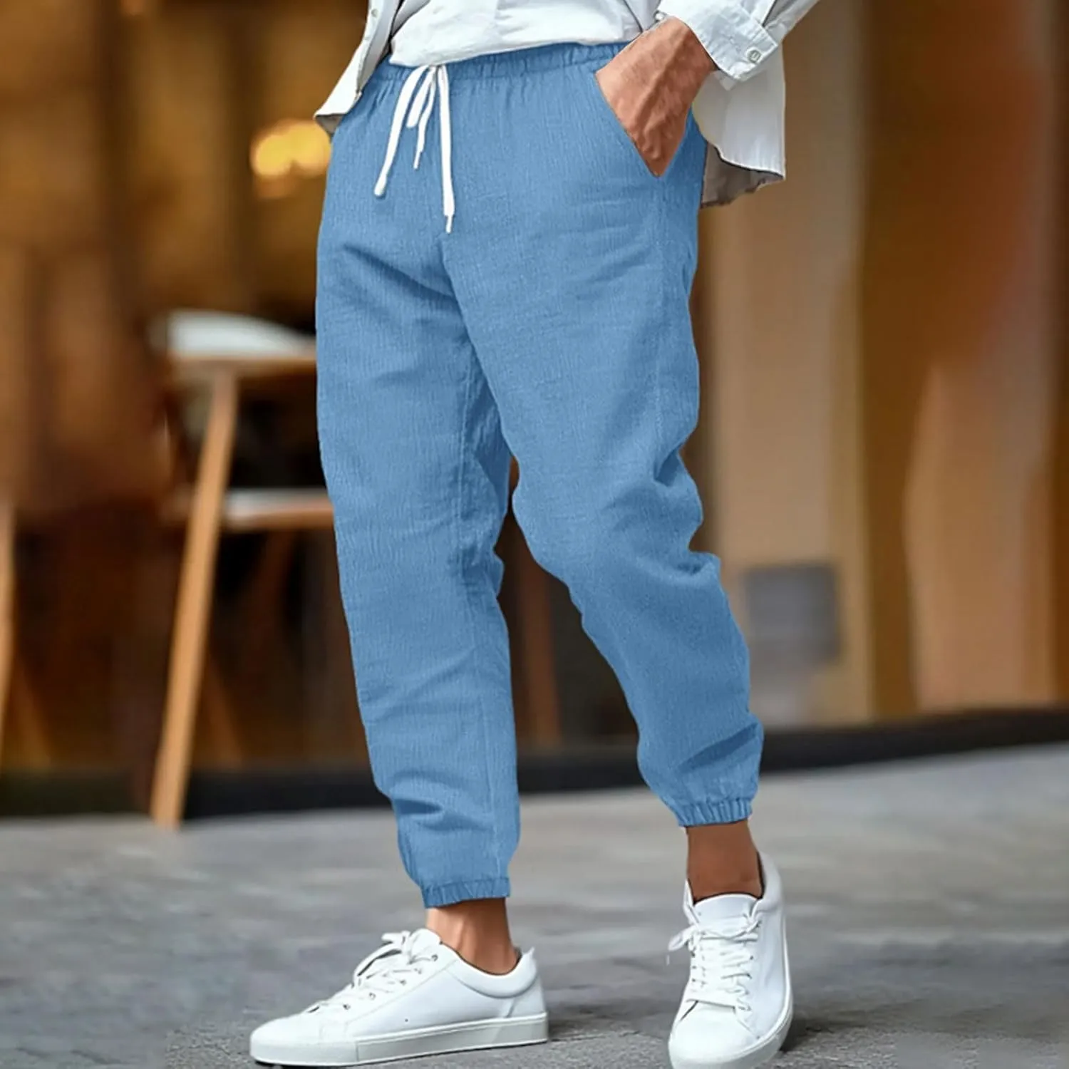 Cotton Linen Pants for Men Straight Legs Sweatpants Elastic Waist Loose Lightweight Summer Beach Outdoor Trousers