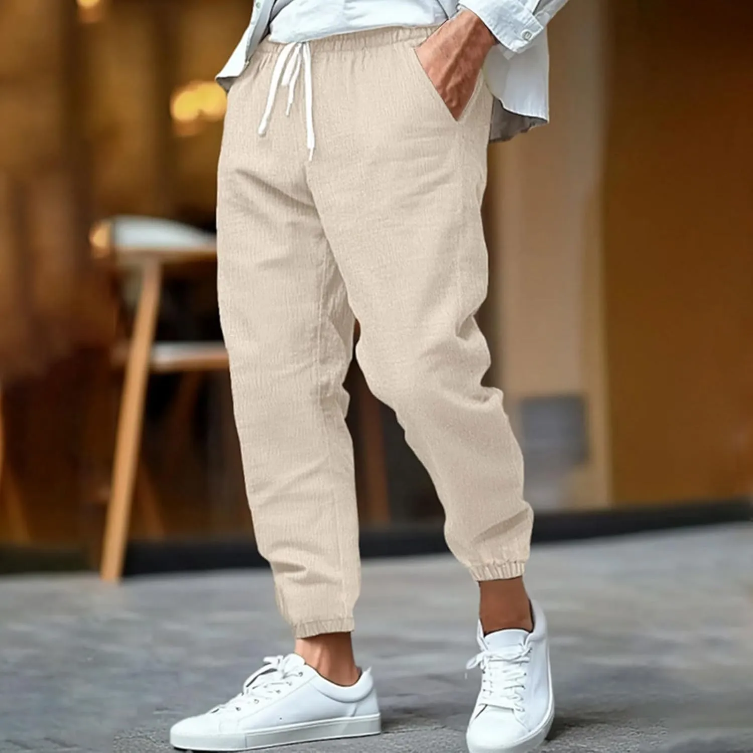 Cotton Linen Pants for Men Straight Legs Sweatpants Elastic Waist Loose Lightweight Summer Beach Outdoor Trousers