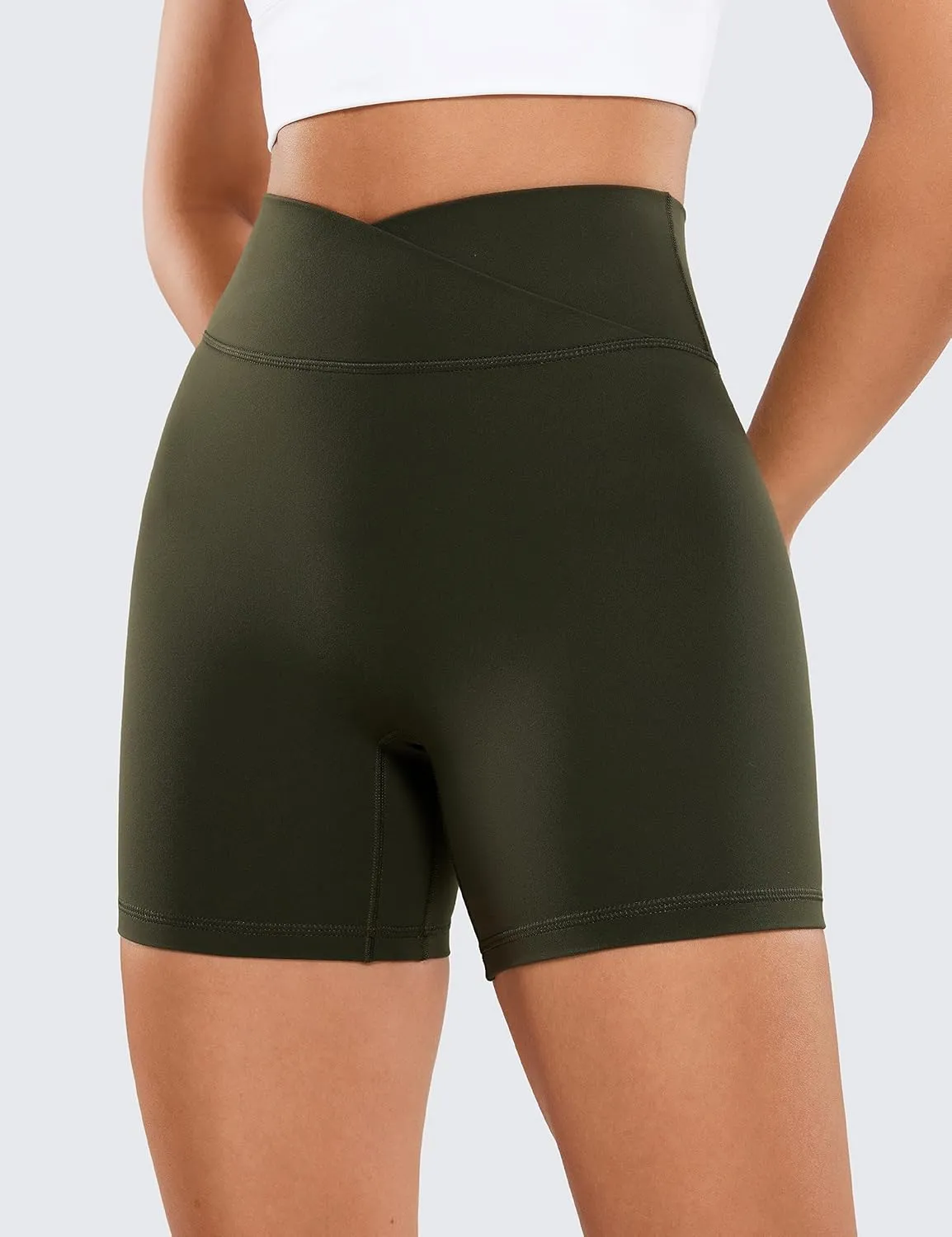 CRZ YOGA Womens Butterluxe Crossover Scrunch Butt Biker Shorts 5" - High Waist No Front Seam Workout Yoga Booty Lift Shorts