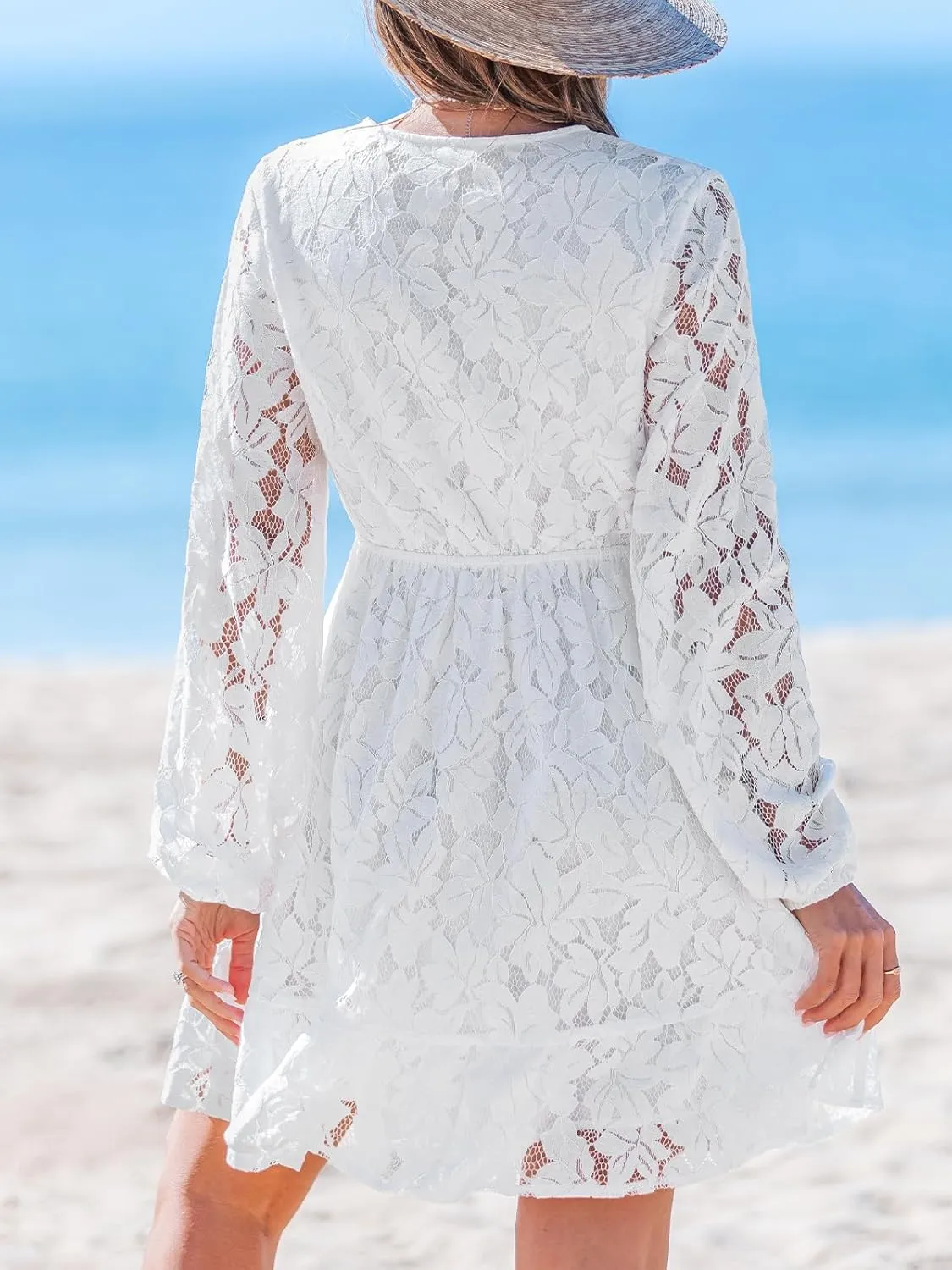CUPSHE Women Elegant V Neck Lace Peasant Sleeve Summer Dress Elastic High Waist A Line Casual Wedding Guest Mini Dress