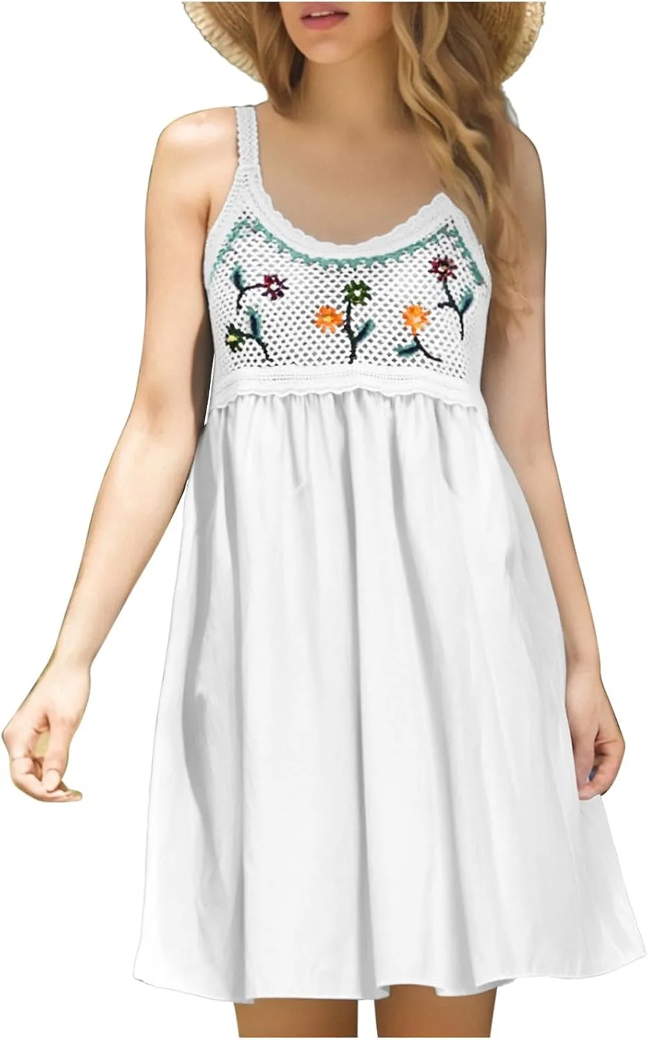 Cute Little Cami Sundress for Women Floral Embroidered Sweater Patchwork Mini Dress Summer Sleeveless A-Line Dresses