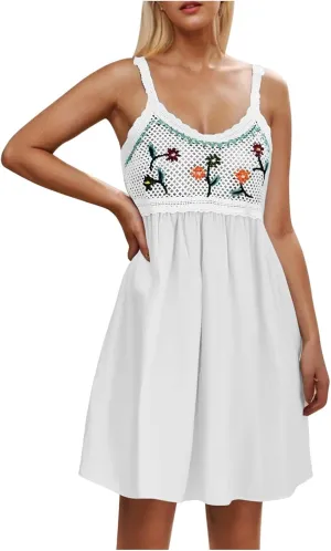 Cute Little Cami Sundress for Women Floral Embroidered Sweater Patchwork Mini Dress Summer Sleeveless A-Line Dresses