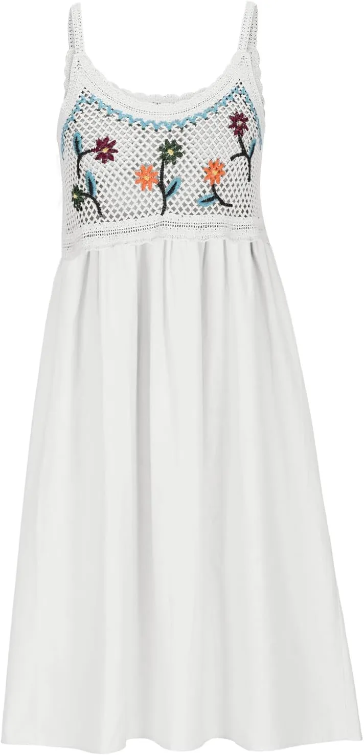 Cute Little Cami Sundress for Women Floral Embroidered Sweater Patchwork Mini Dress Summer Sleeveless A-Line Dresses