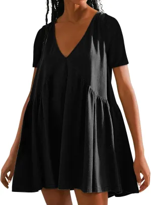 Cute Women's Casual Dress Mini Babyboll Summer 2024 Dresses Puff Sleeve Ruffle Hem V Neck Pleated Beach Sundress