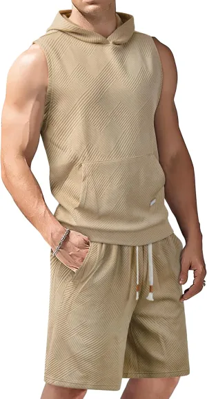 Derminpro Men's 2 Piece Outfits Summer Hooded Sleeveless Vest and Drawstring Casual Track Shorts Set