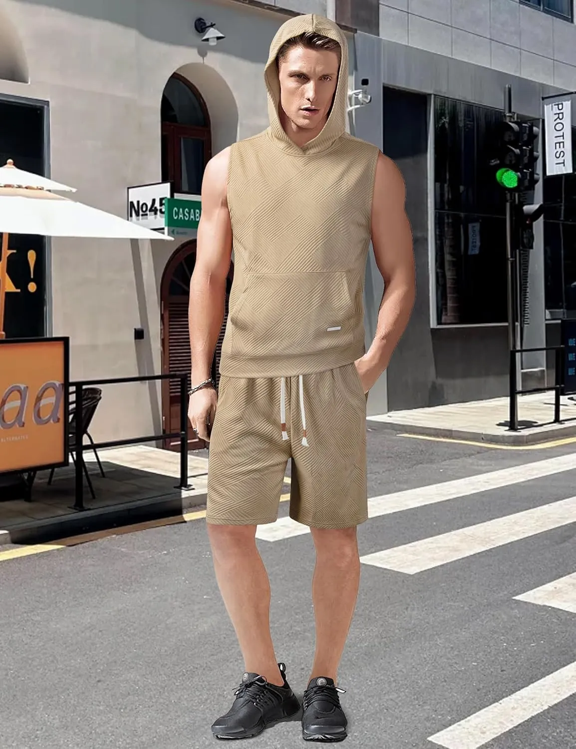 Derminpro Men's 2 Piece Outfits Summer Hooded Sleeveless Vest and Drawstring Casual Track Shorts Set