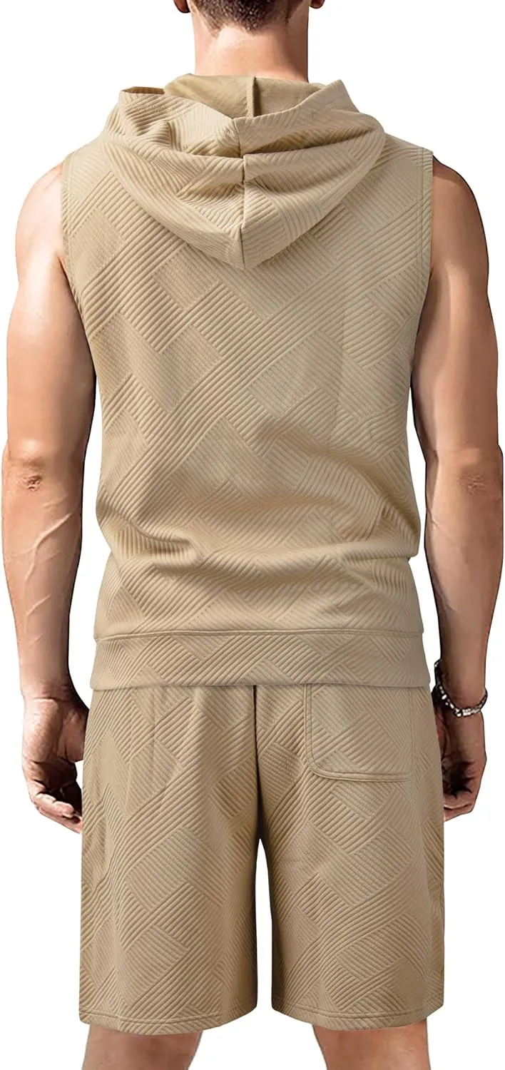 Derminpro Men's 2 Piece Outfits Summer Hooded Sleeveless Vest and Drawstring Casual Track Shorts Set
