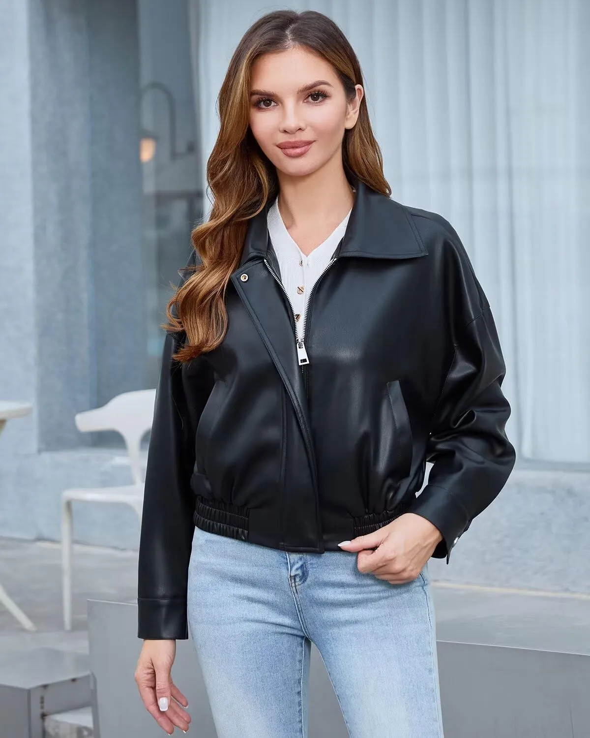 DIASHINY Faux Leather Jacket For Women Moto Biker Zip Up Motorcycle Loose Outwear