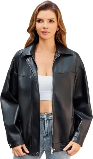 DIASHINY Faux Leather Jacket For Women Moto Biker Zip Up Motorcycle Loose Outwear