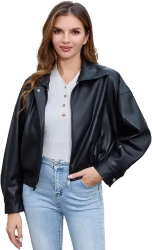 DIASHINY Faux Leather Jacket For Women Moto Biker Zip Up Motorcycle Loose Outwear