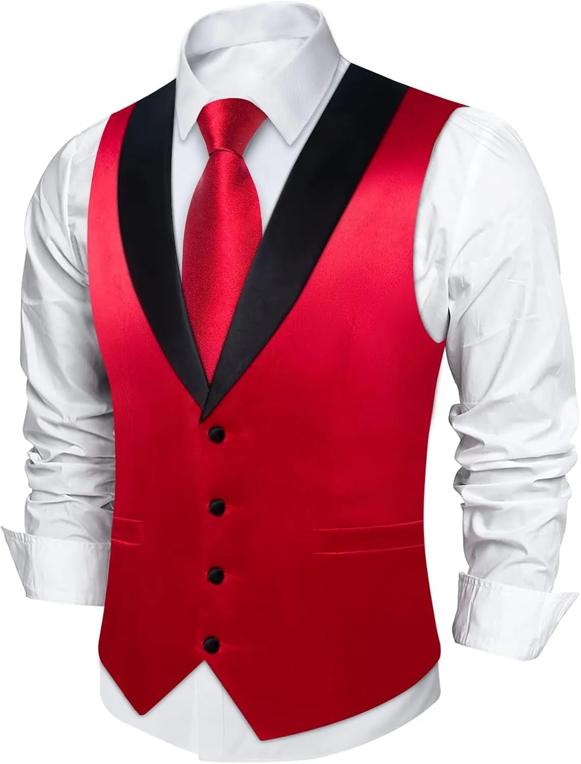 DiBanGu Mens Shiny Satin Vest Tie Set 8PCS Solid Waistcoat and Pre-tied Bowtie Shawl Collar Dress Vest for Wedding Formal