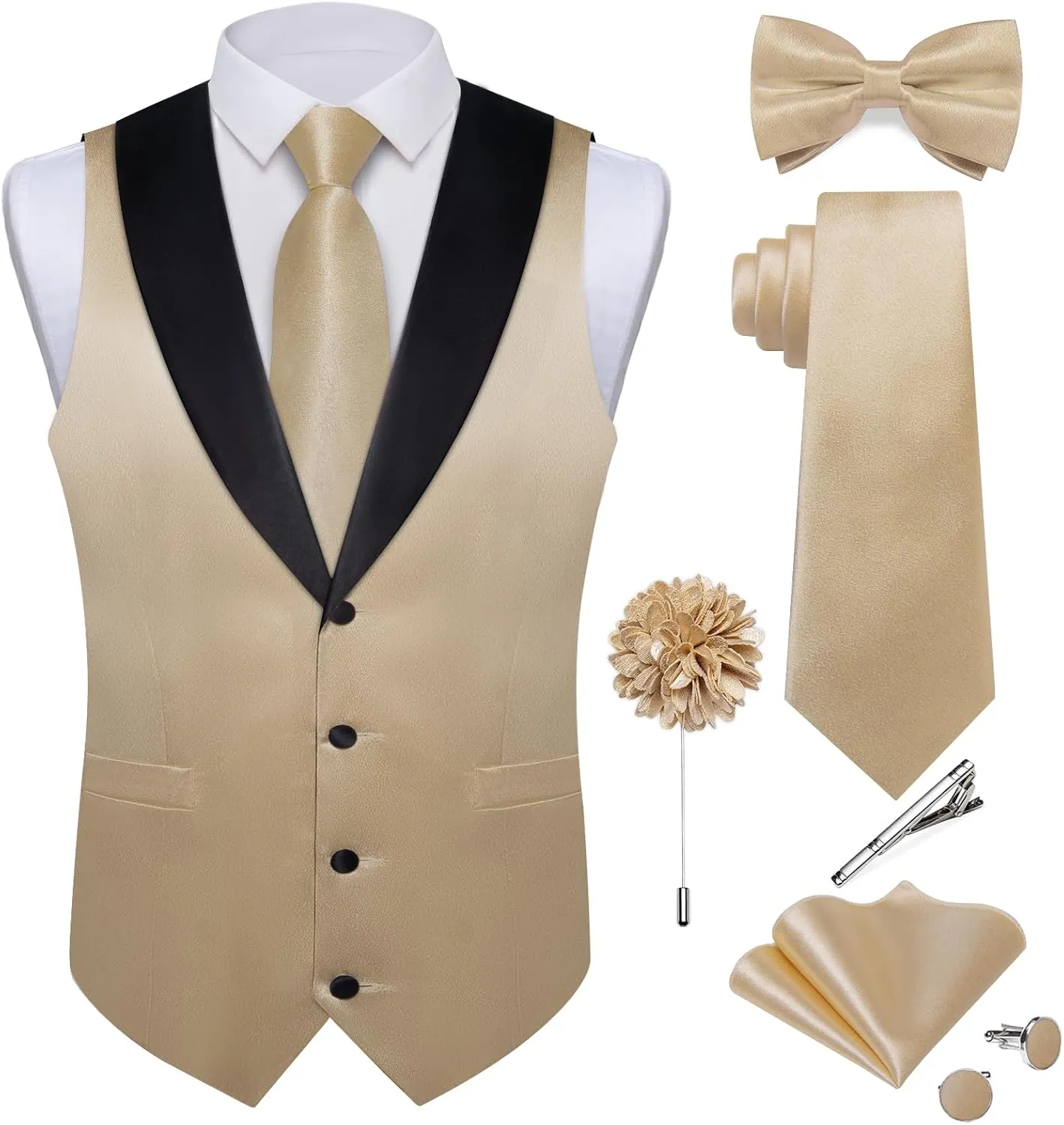 DiBanGu Mens Shiny Satin Vest Tie Set 8PCS Solid Waistcoat and Pre-tied Bowtie Shawl Collar Dress Vest for Wedding Formal