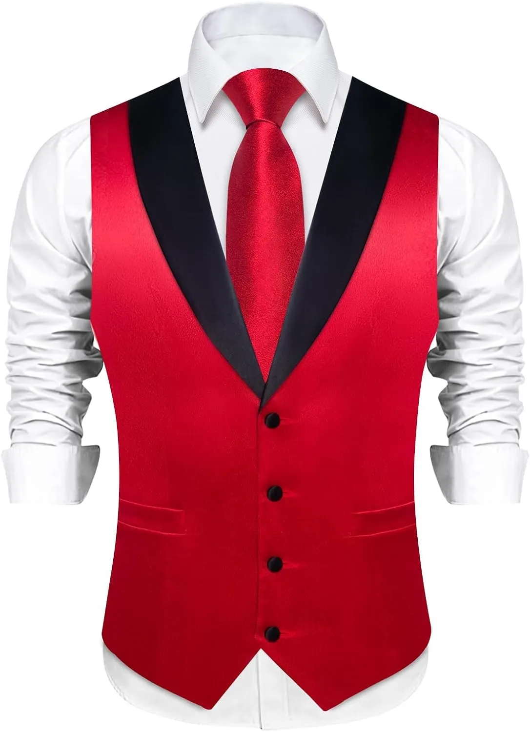 DiBanGu Mens Shiny Satin Vest Tie Set 8PCS Solid Waistcoat and Pre-tied Bowtie Shawl Collar Dress Vest for Wedding Formal