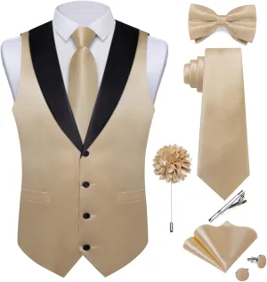 DiBanGu Mens Shiny Satin Vest Tie Set 8PCS Solid Waistcoat and Pre-tied Bowtie Shawl Collar Dress Vest for Wedding Formal