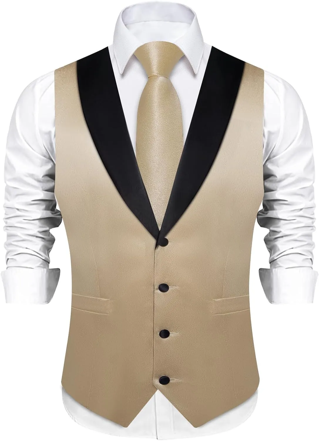 DiBanGu Mens Shiny Satin Vest Tie Set 8PCS Solid Waistcoat and Pre-tied Bowtie Shawl Collar Dress Vest for Wedding Formal
