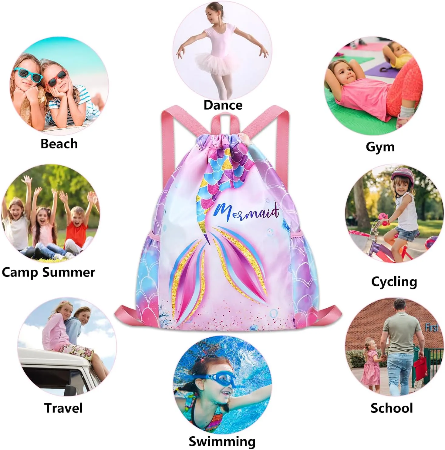 Drawstring Backpack for Kids - Girls Dance Bag,Sport Gym Beach Swim Travel Daypack