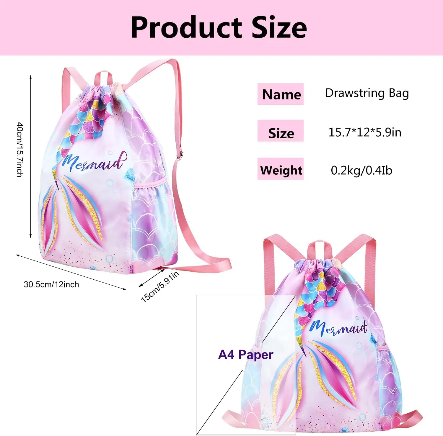 Drawstring Backpack for Kids - Girls Dance Bag,Sport Gym Beach Swim Travel Daypack
