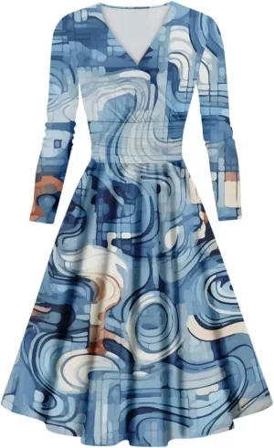 Dress for Women Casual Fashion Gradient Color Printed Oversized Long Sleeve V-Neck Sexy Slim Fall Dresses for Women