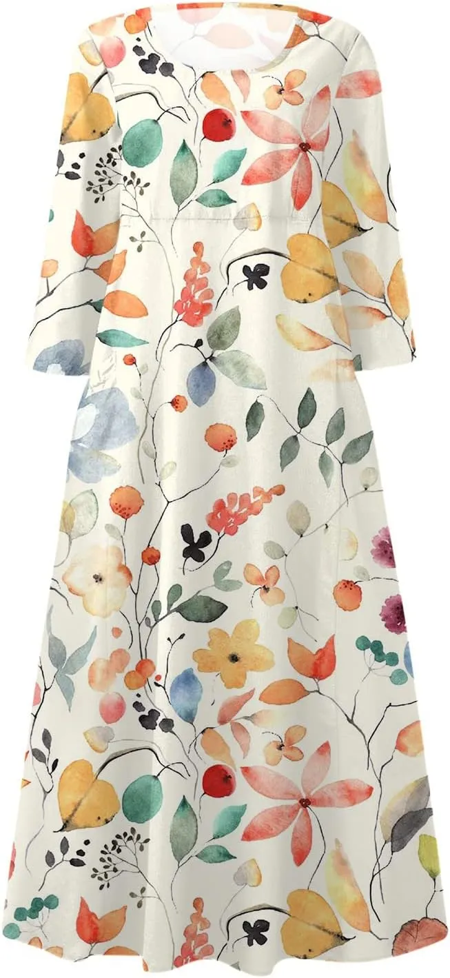 Dress Women Long Womens Boho Floral Print Loose Fit Casual Summer 3/4 Sleeve Crewneck Long Dress with Pockets
