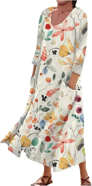 Dress Women Long Womens Boho Floral Print Loose Fit Casual Summer 3/4 Sleeve Crewneck Long Dress with Pockets