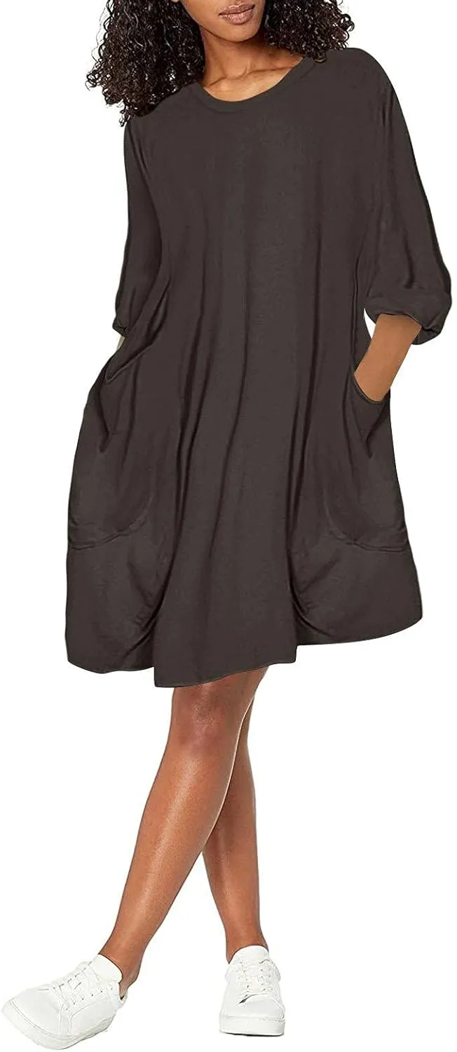 Dresses for Women 2024,Summer Casual Loose Long Top Crewneck 3/4 Sleeve Solid Lightweight Plus Size Dress with Pocket