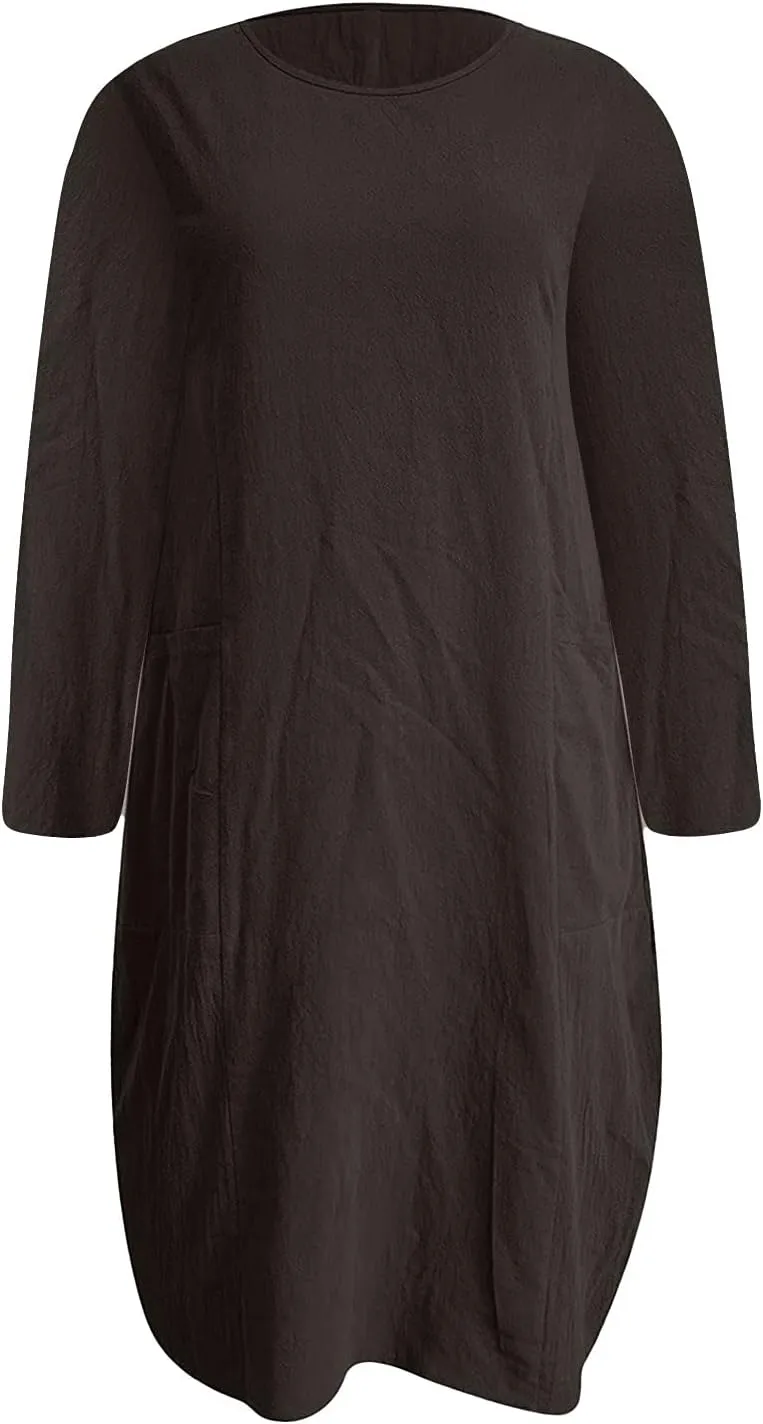Dresses for Women 2024,Summer Casual Loose Long Top Crewneck 3/4 Sleeve Solid Lightweight Plus Size Dress with Pocket