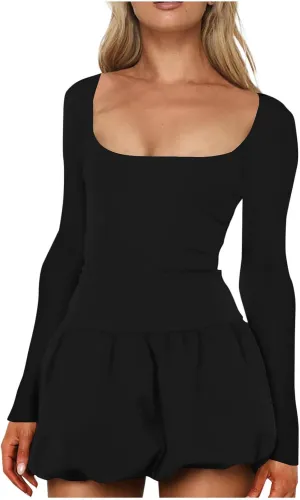 Dresses for Women 2025 Elegant Classy Scoop Neck Long Sleeve Mini Dress Sexy Sundress Loose Fit Flowy Dresses