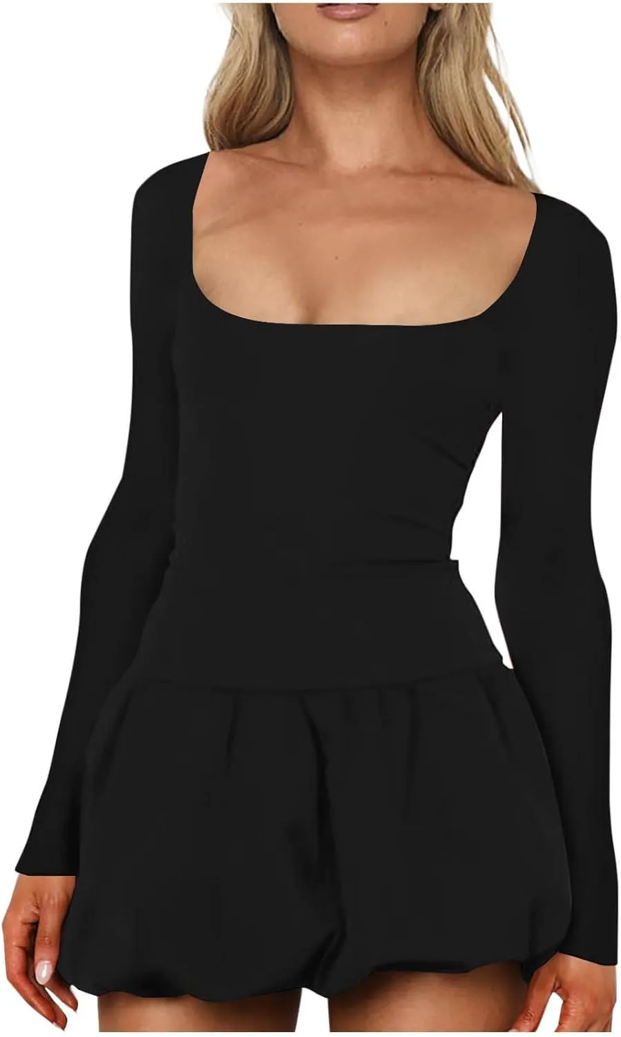 Dresses for Women 2025 Elegant Classy Scoop Neck Long Sleeve Mini Dress Sexy Sundress Loose Fit Flowy Dresses