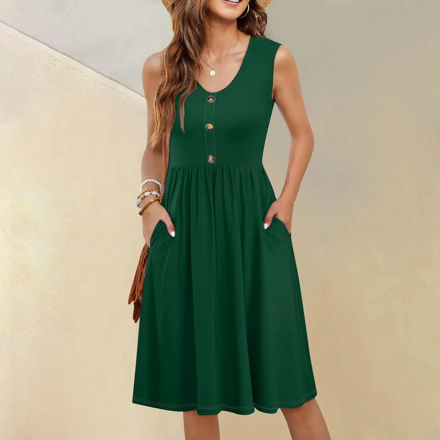 Dresses for Women 2025 Sleeveless V-Neck Button Mini Dress Solid Color Cocktail Party Dresses with Pocket