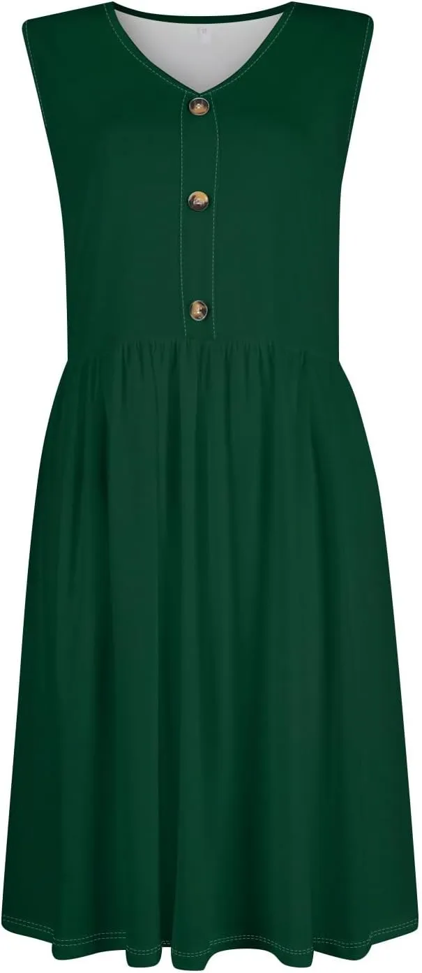 Dresses for Women 2025 Sleeveless V-Neck Button Mini Dress Solid Color Cocktail Party Dresses with Pocket