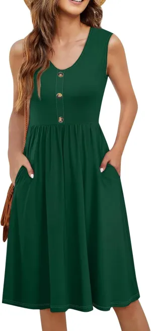 Dresses for Women 2025 Sleeveless V-Neck Button Mini Dress Solid Color Cocktail Party Dresses with Pocket