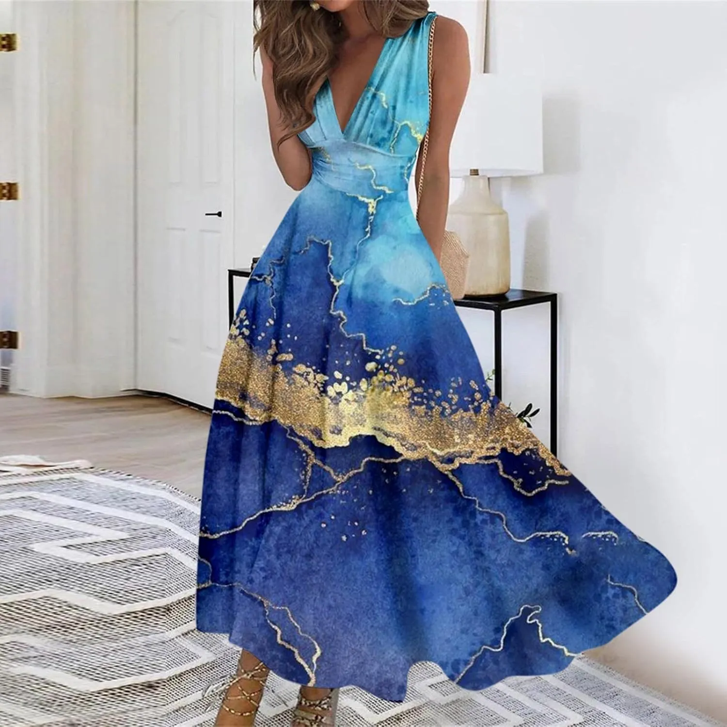 Dresses for Women 2025 Sleeveless Wrap V Neck Sundress Flowy Ruched Floral Print Maxi Dress Elegant Beach Dress