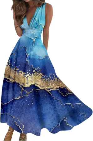 Dresses for Women 2025 Sleeveless Wrap V Neck Sundress Flowy Ruched Floral Print Maxi Dress Elegant Beach Dress