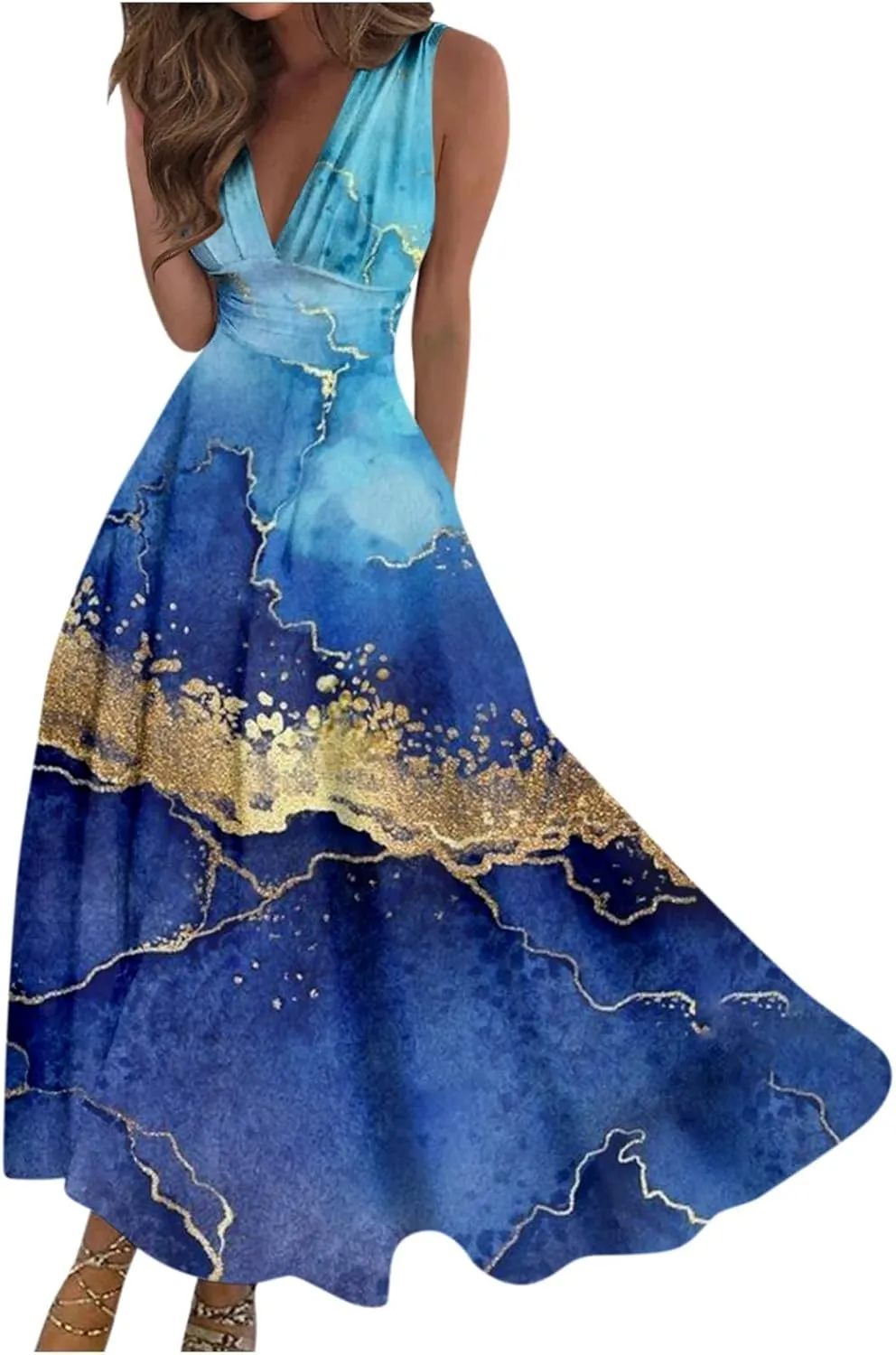 Dresses for Women 2025 Sleeveless Wrap V Neck Sundress Flowy Ruched Floral Print Maxi Dress Elegant Beach Dress