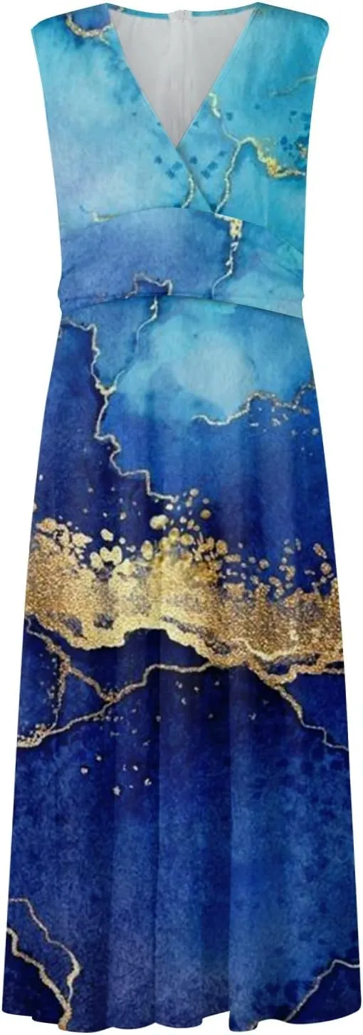 Dresses for Women 2025 Sleeveless Wrap V Neck Sundress Flowy Ruched Floral Print Maxi Dress Elegant Beach Dress