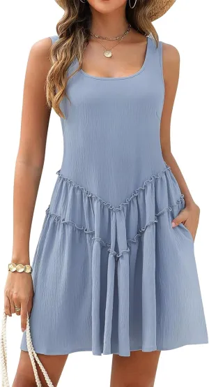 Dresses for Women Sleeveless U Neck Ruffle Dress Flowy Swing Dress High Waist Sundress Summer Beach Vacation Dresses