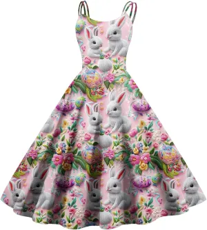 Easter Dresses for Women Vintage Spaghetti Strap Punk Aline Swing Dress Bunny Printed Knee Length Tea Party Dress