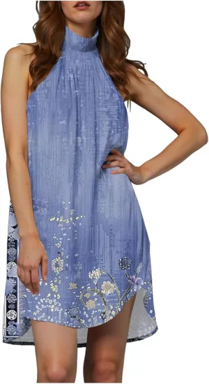 Eduavar Mini Dresses for Women Summer Sun Dresses for Women 2025 Vacation Floral Printed Hater Neck Sleeveless Ruffle Dress