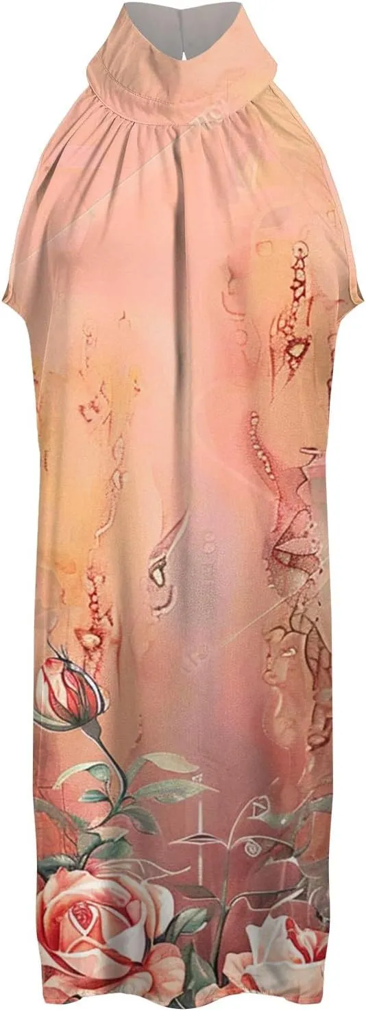 Eduavar Mini Dresses for Women Summer Sun Dresses for Women 2025 Vacation Floral Printed Hater Neck Sleeveless Ruffle Dress