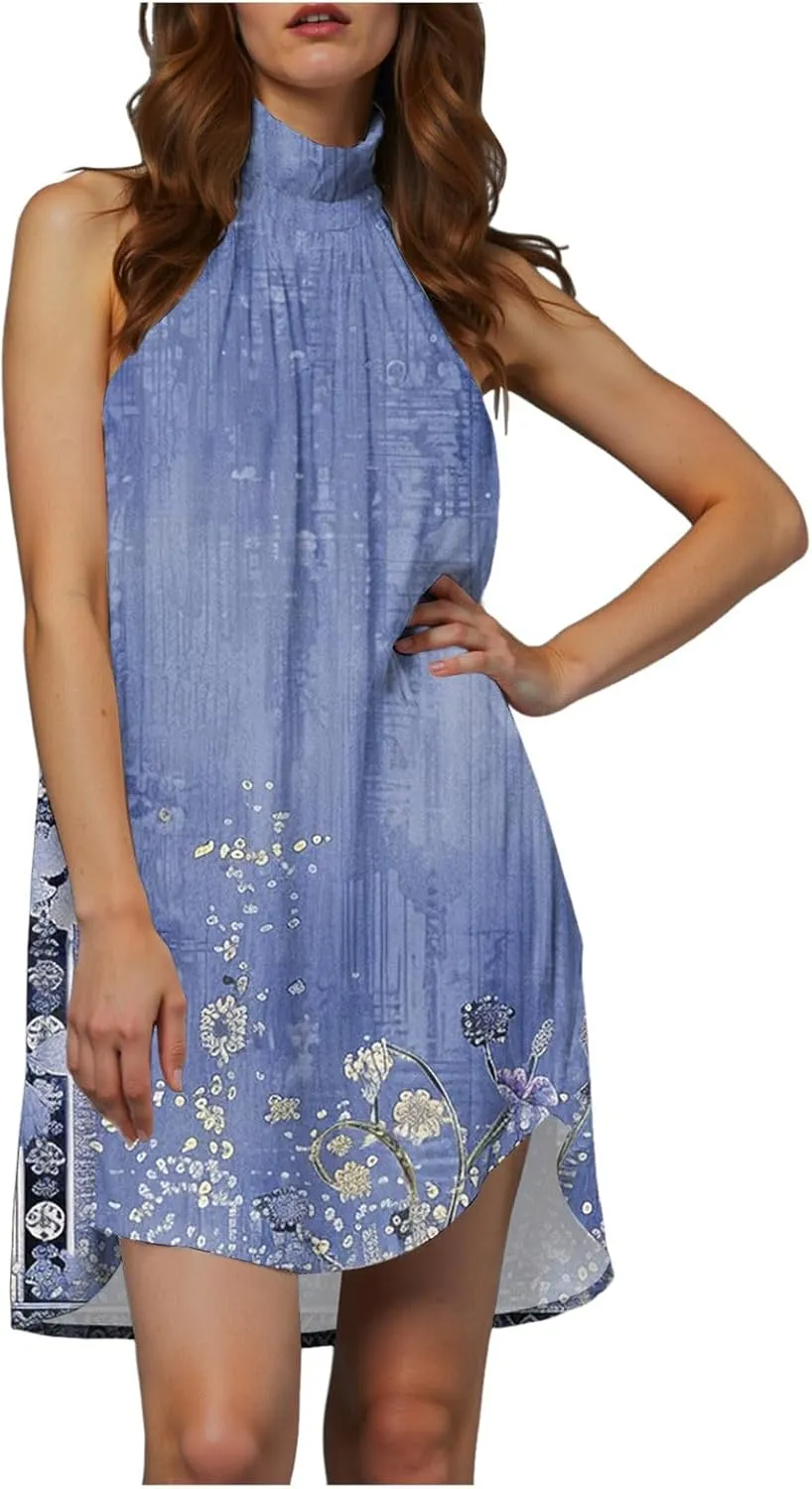 Eduavar Mini Dresses for Women Summer Sun Dresses for Women 2025 Vacation Floral Printed Hater Neck Sleeveless Ruffle Dress