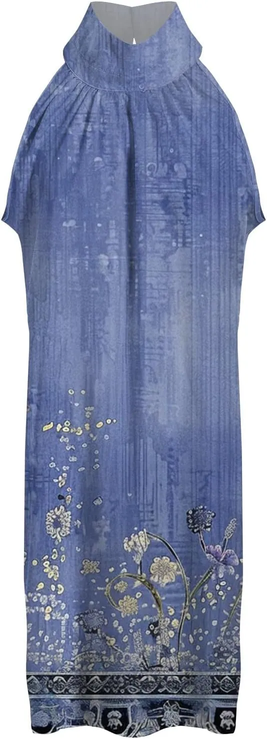 Eduavar Mini Dresses for Women Summer Sun Dresses for Women 2025 Vacation Floral Printed Hater Neck Sleeveless Ruffle Dress