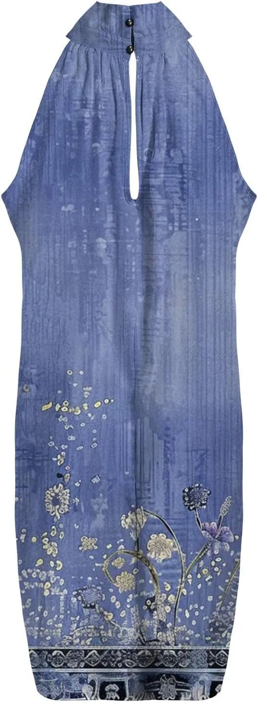 Eduavar Mini Dresses for Women Summer Sun Dresses for Women 2025 Vacation Floral Printed Hater Neck Sleeveless Ruffle Dress