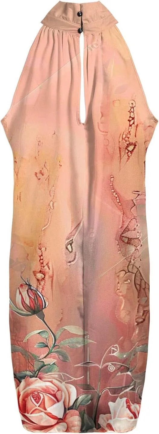 Eduavar Mini Dresses for Women Summer Sun Dresses for Women 2025 Vacation Floral Printed Hater Neck Sleeveless Ruffle Dress