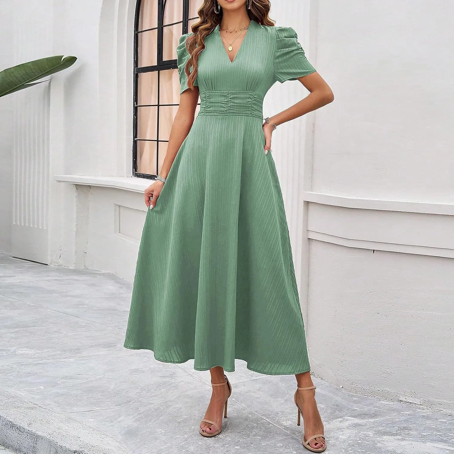 Elegant Women's Vintage A-Line Midi Dress with Puff Sleeves and V-Neck for Party, Wedding, Evening Outfits