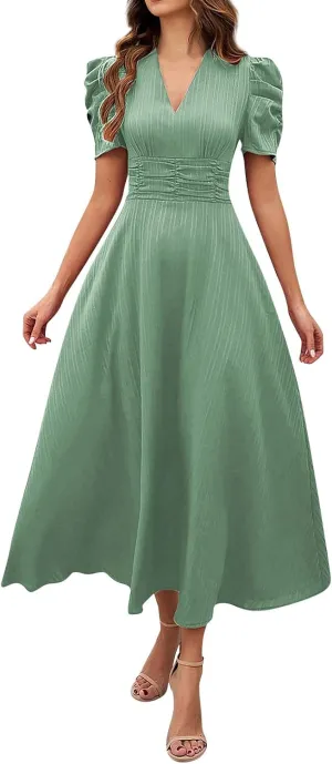 Elegant Women's Vintage A-Line Midi Dress with Puff Sleeves and V-Neck for Party, Wedding, Evening Outfits