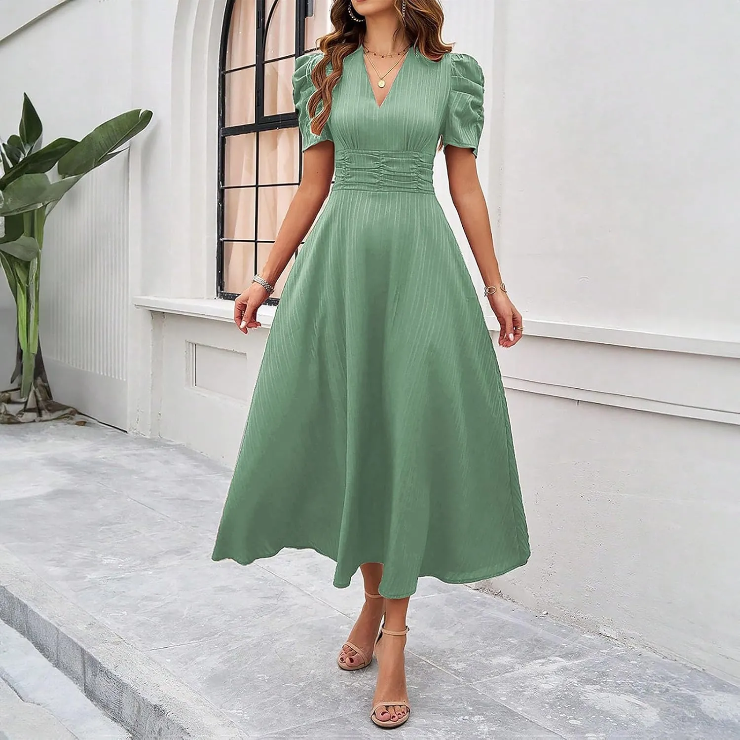 Elegant Women's Vintage A-Line Midi Dress with Puff Sleeves and V-Neck for Party, Wedding, Evening Outfits