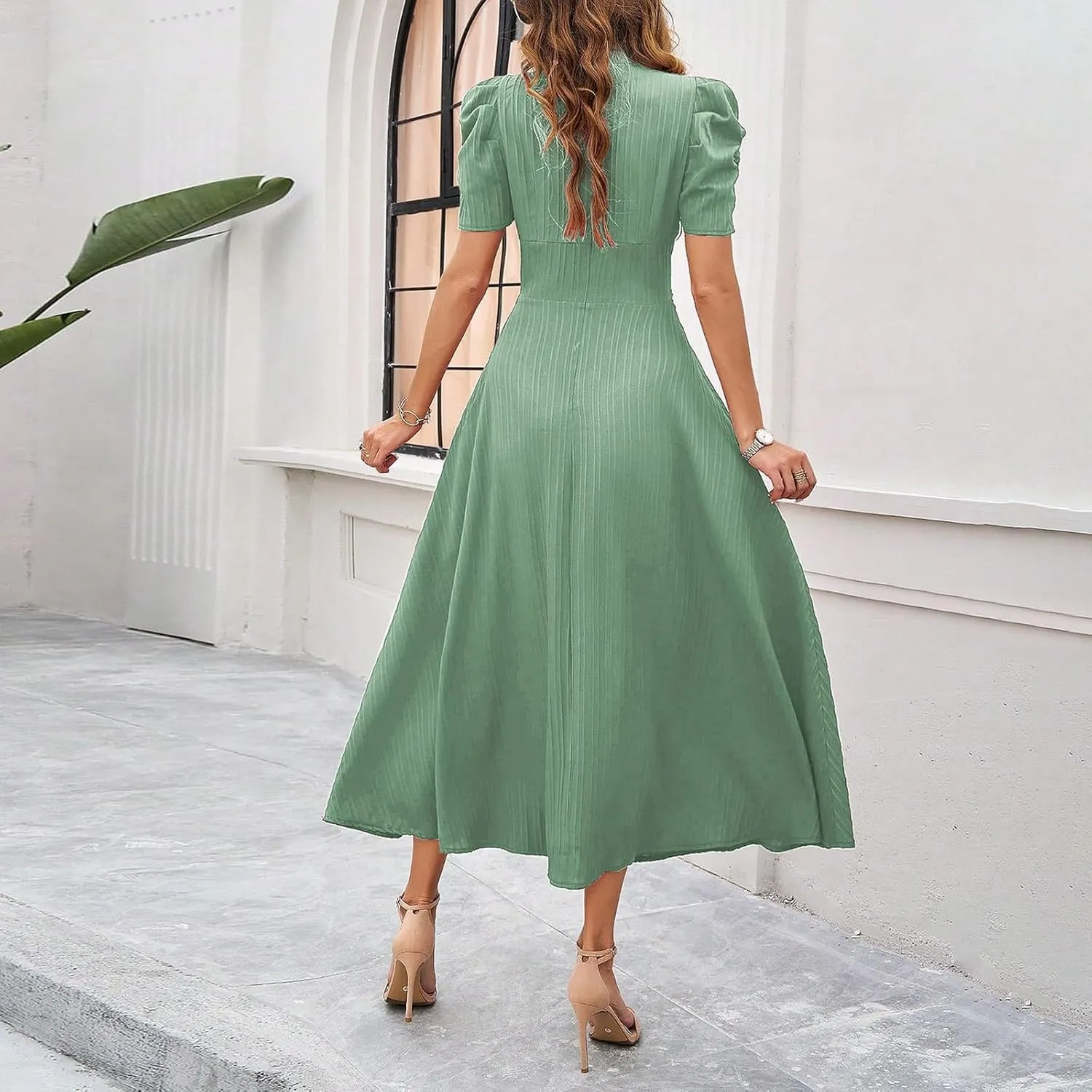 Elegant Women's Vintage A-Line Midi Dress with Puff Sleeves and V-Neck for Party, Wedding, Evening Outfits