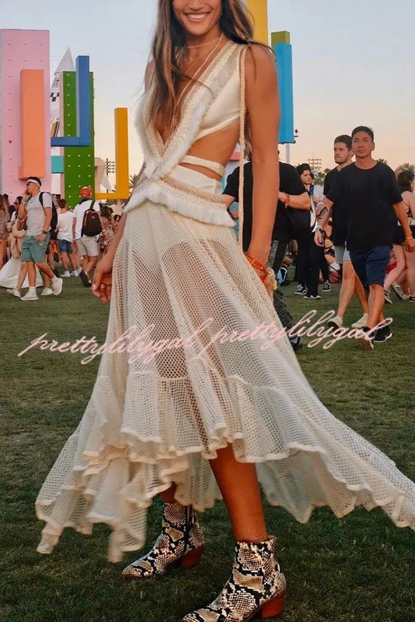 ELISE  BOHO LACE LAYERED MIDI DRESS 