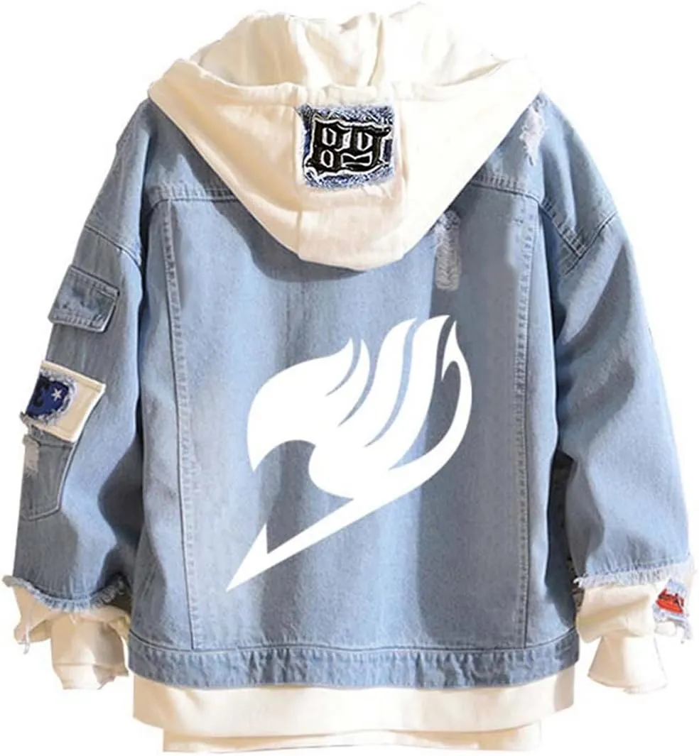 Fairytail Jeans Jacket Anime Lucy Heartfilia Cosplay Denim Jacket Hoodie Casual Fashion Ripped Novelty Coat for Unisex
