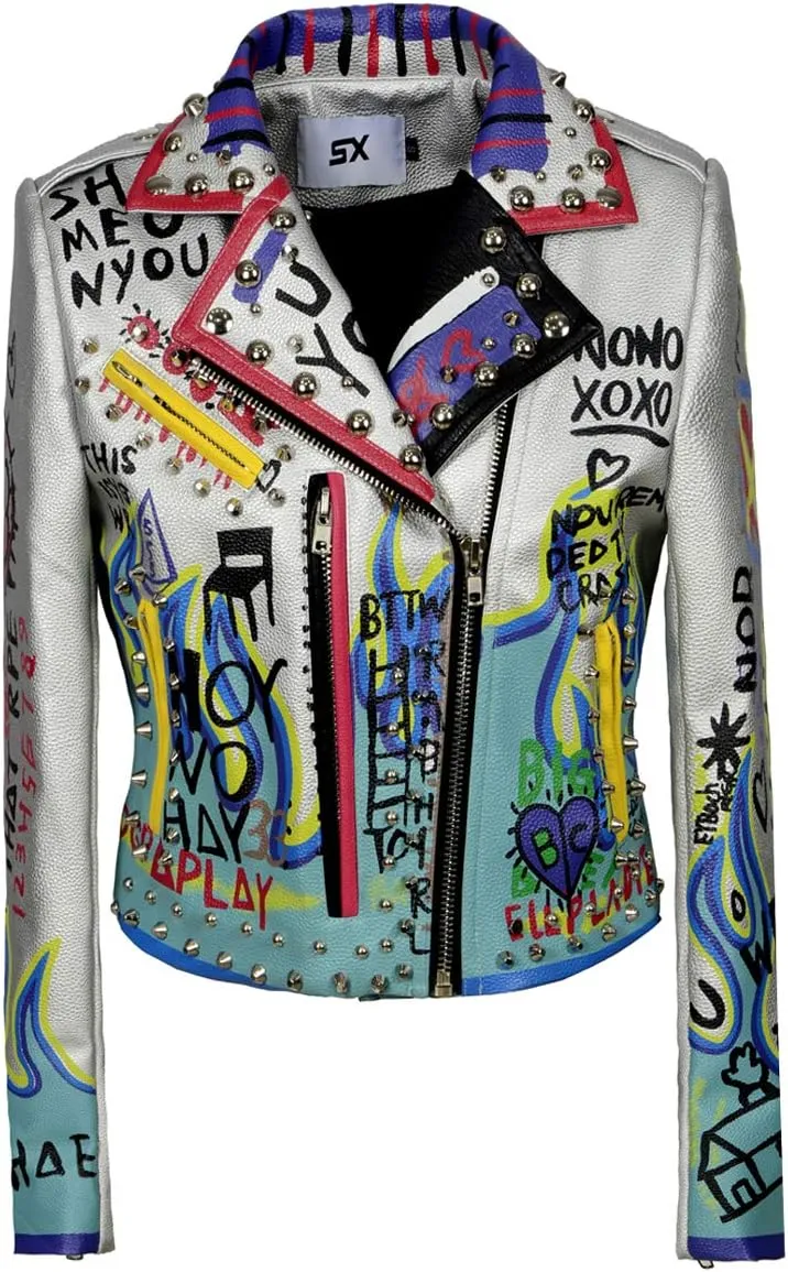 Fashion SX Women's Punk Faux Leather PU Short Jacket Graffiti Studded Rivet Biker Moto Coat